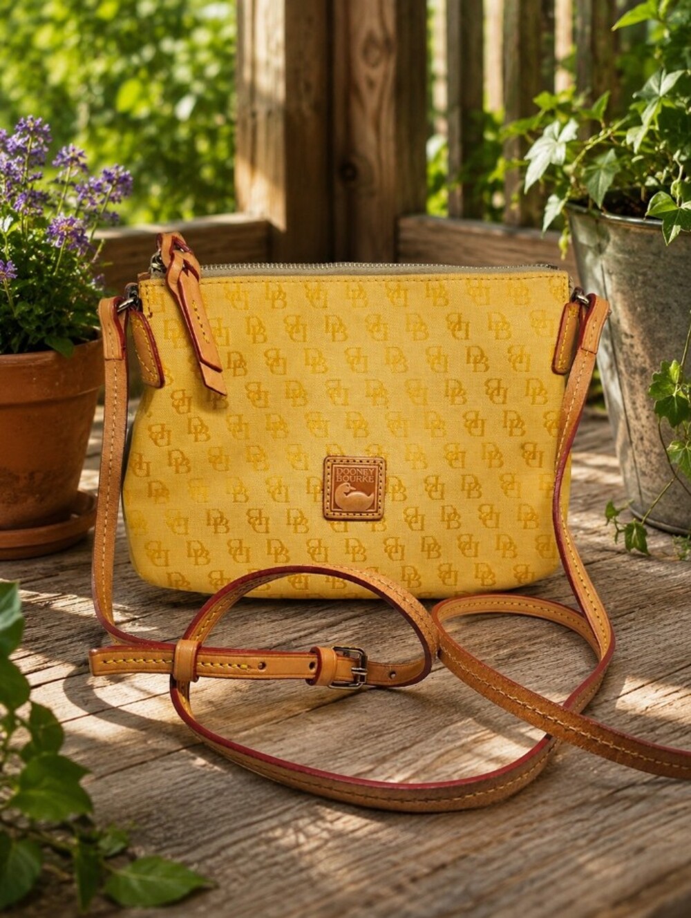 Dooney & Bourke Yellow Signature Crossbody Pouch with Tan Leather Trim